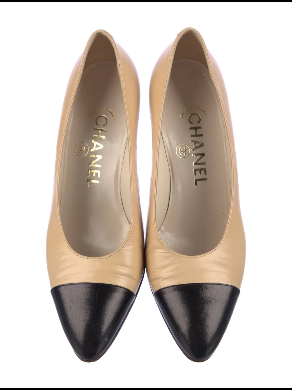 Vintage CHANEL Beige and Black Two-Tone Cap-Toe Pump